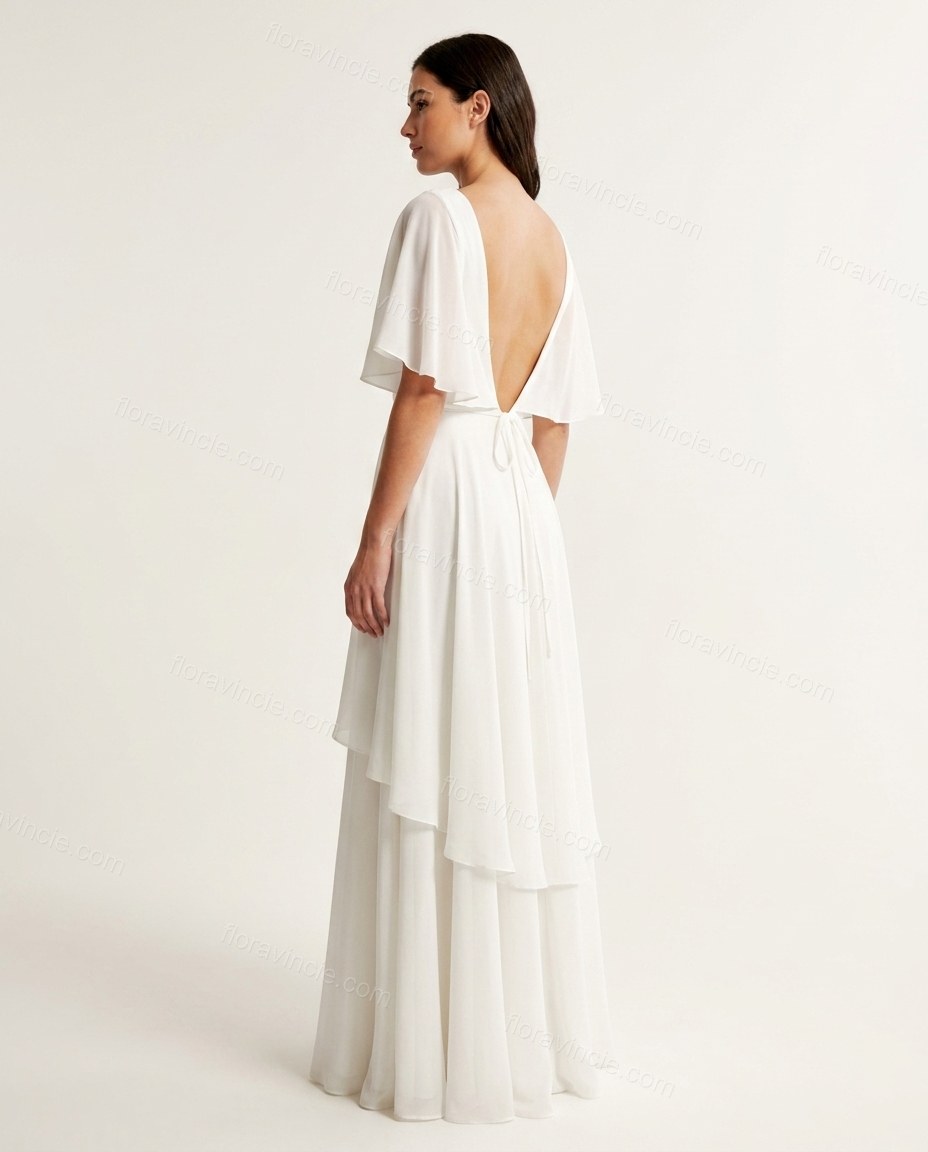 White Maxi Open-Back Ruffled Dress, back studio view, by Floravincie