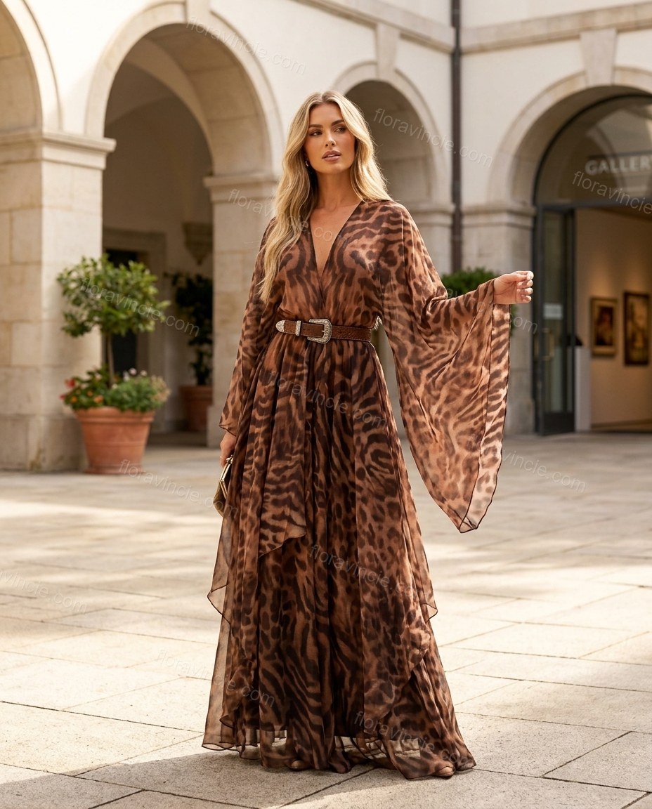 Brown Leopard Print Maxi Cape Dress, alternate use-case lifestyle view, by Floravincie