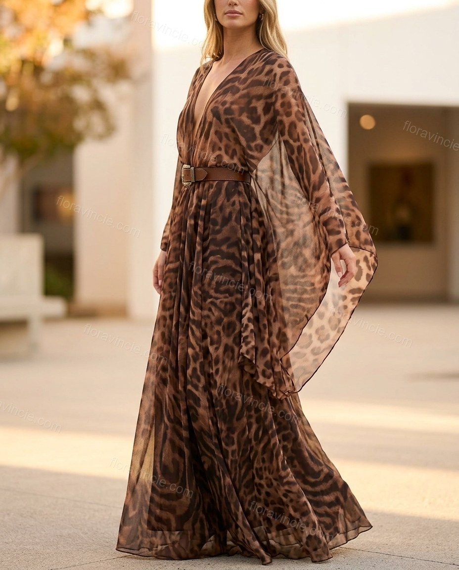 Brown Leopard Print Maxi Cape Dress, walking lifestyle view, by Floravincie