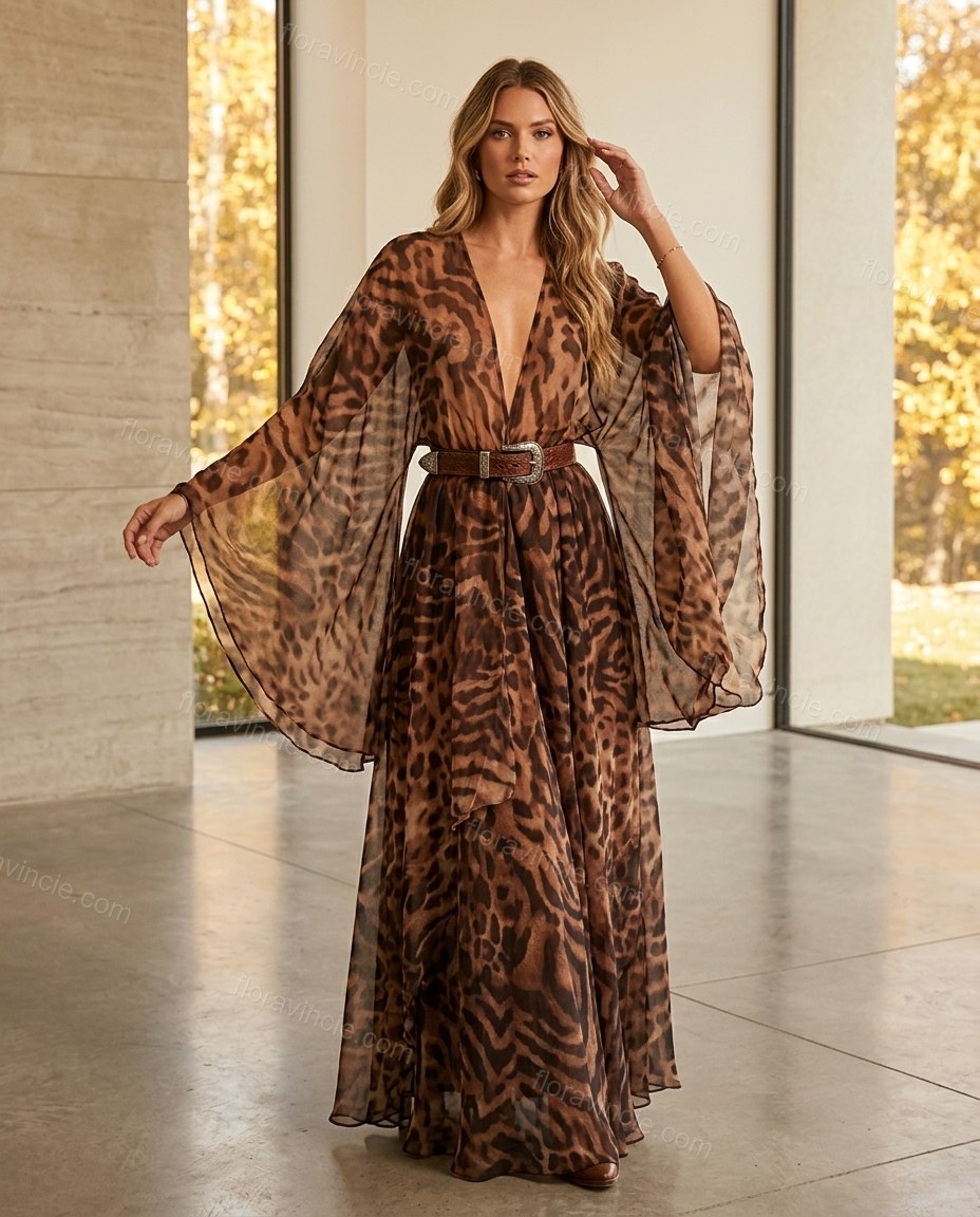 Brown Leopard Print Maxi Cape Dress, full-length hero view, by Floravincie