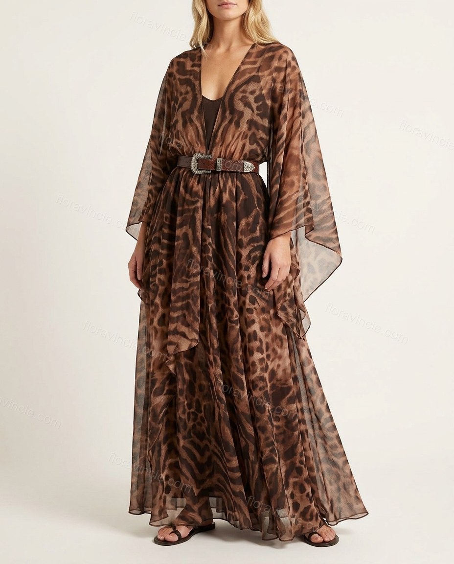 Brown Leopard Print Maxi Cape Dress, front studio view, by Floravincie
