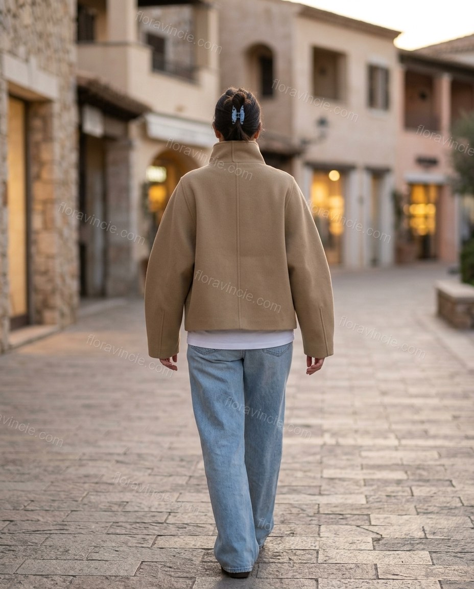 Tan Asymmetric Jacket, movement and fit lifestyle view, by Floravincie