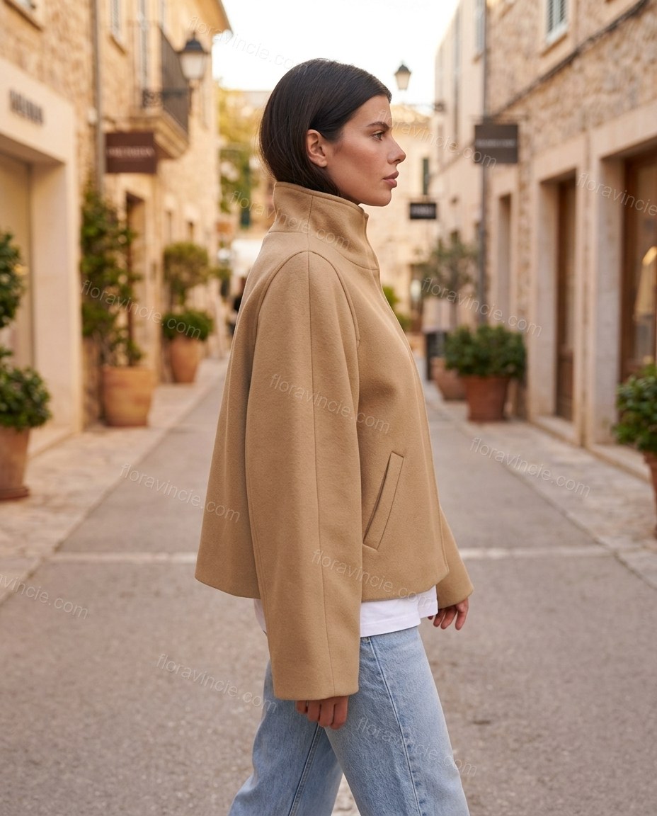 Tan Asymmetric Jacket, walking lifestyle view, by Floravincie