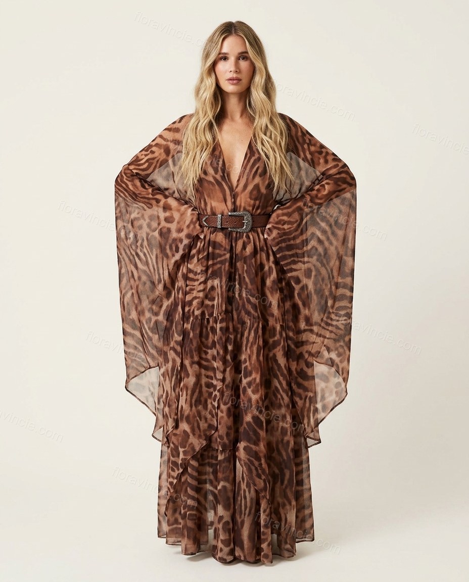 Brown Leopard Print Maxi Cape Dress, front studio view, by Floravincie