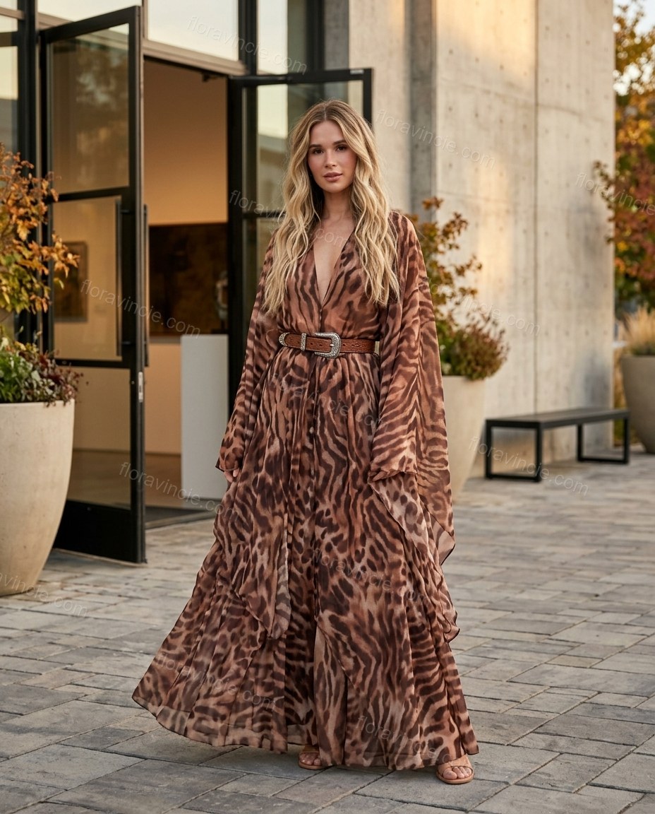 Brown Leopard Print Maxi Cape Dress, three-quarter brand lifestyle view, by Floravincie