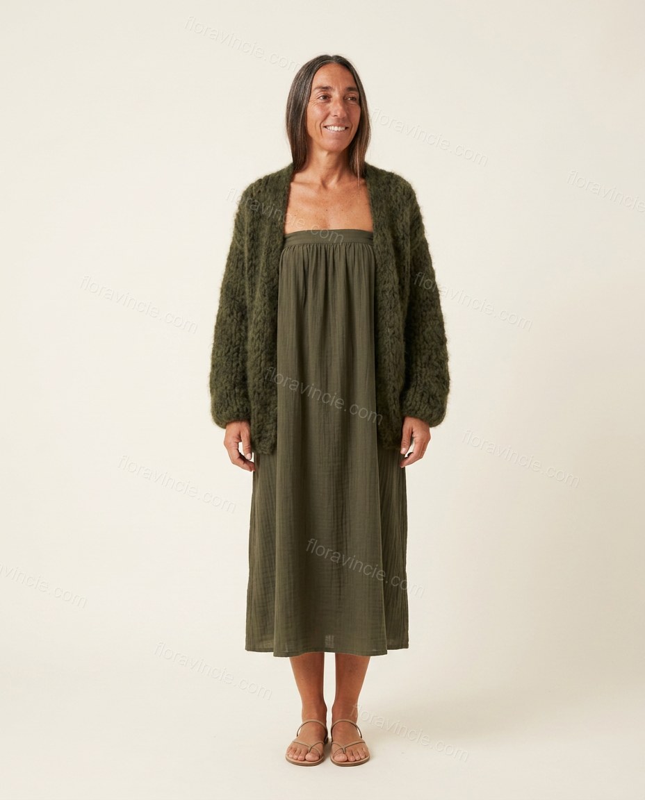Olive Green Midi Cape Strapless Dress, front studio view, by Floravincie