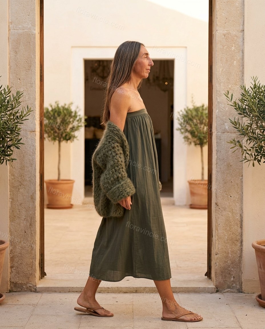 Olive Green Midi Cape Strapless Dress, movement and fit lifestyle view, by Floravincie