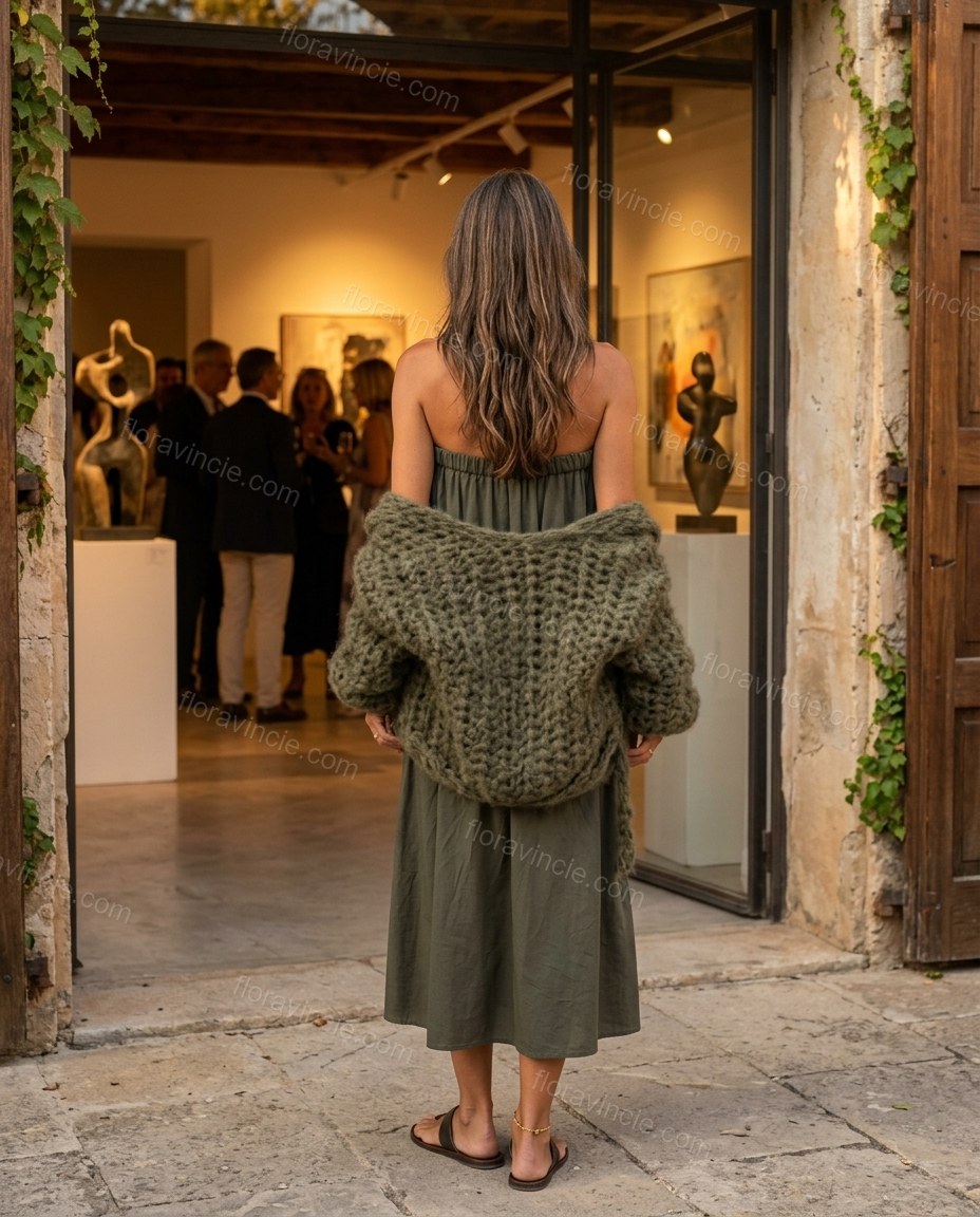 Olive Green Midi Cape Strapless Dress, alternate use-case lifestyle view, by Floravincie