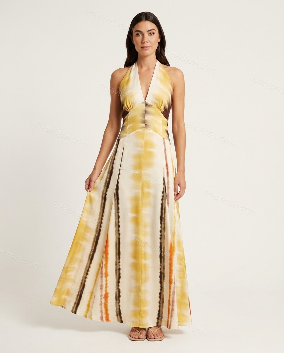 Yellow Tie-Dye Maxi Open-Back Dress, front studio view, by Floravincie