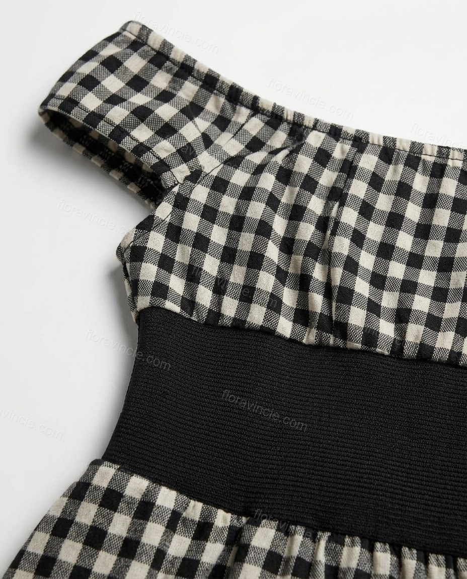Black Mini Dress, close-up of white accents, waist cincher and wide elasticized waist panel, by Floravincie