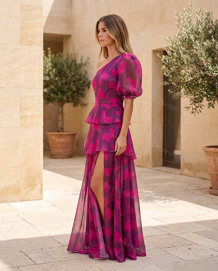Magenta Maxi One-Shoulder Ruffled Dress, walking lifestyle view, by Floravincie