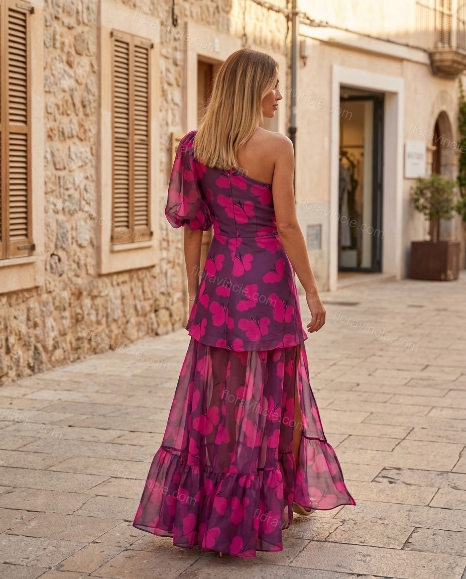Magenta Maxi One-Shoulder Ruffled Dress, alternate use-case lifestyle view, by Floravincie