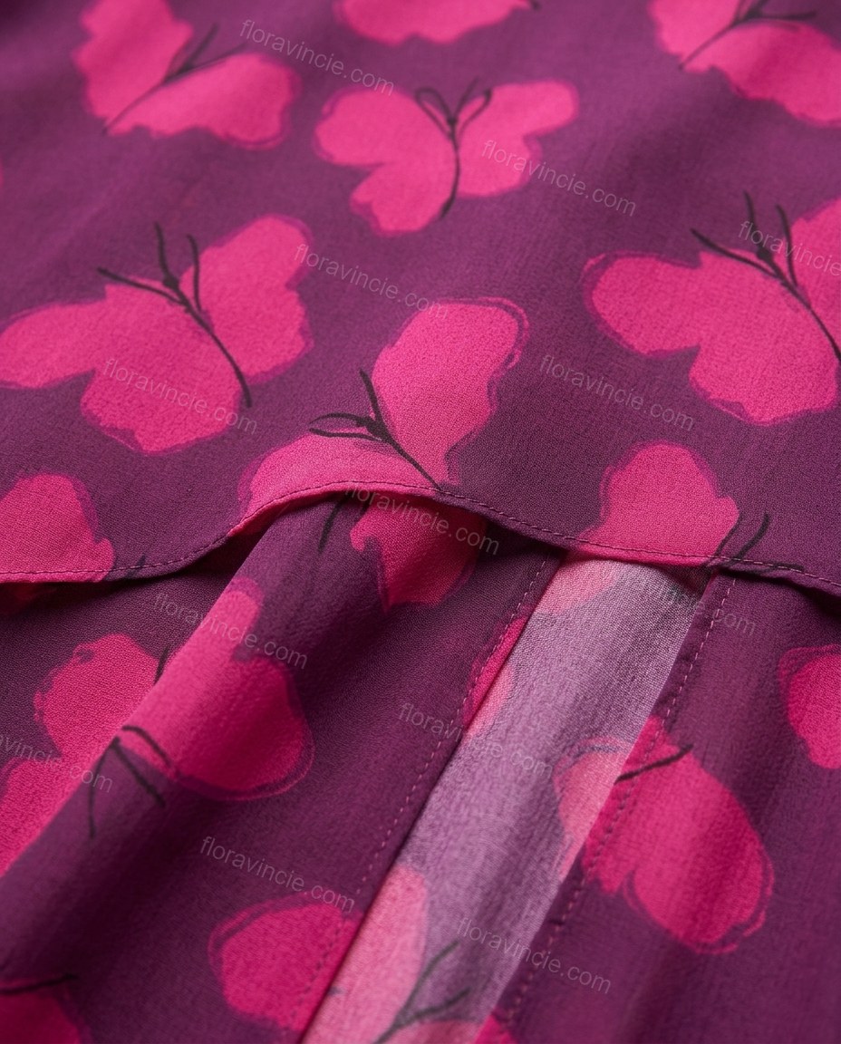Magenta Maxi One-Shoulder Ruffled Dress, close-up of purple accents, high leg slit and tiered skirt, by Floravincie