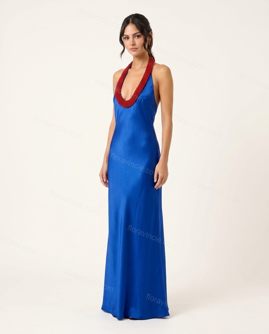 Blue Open-Back Halter Satin Dress, front studio view, by Floravincie