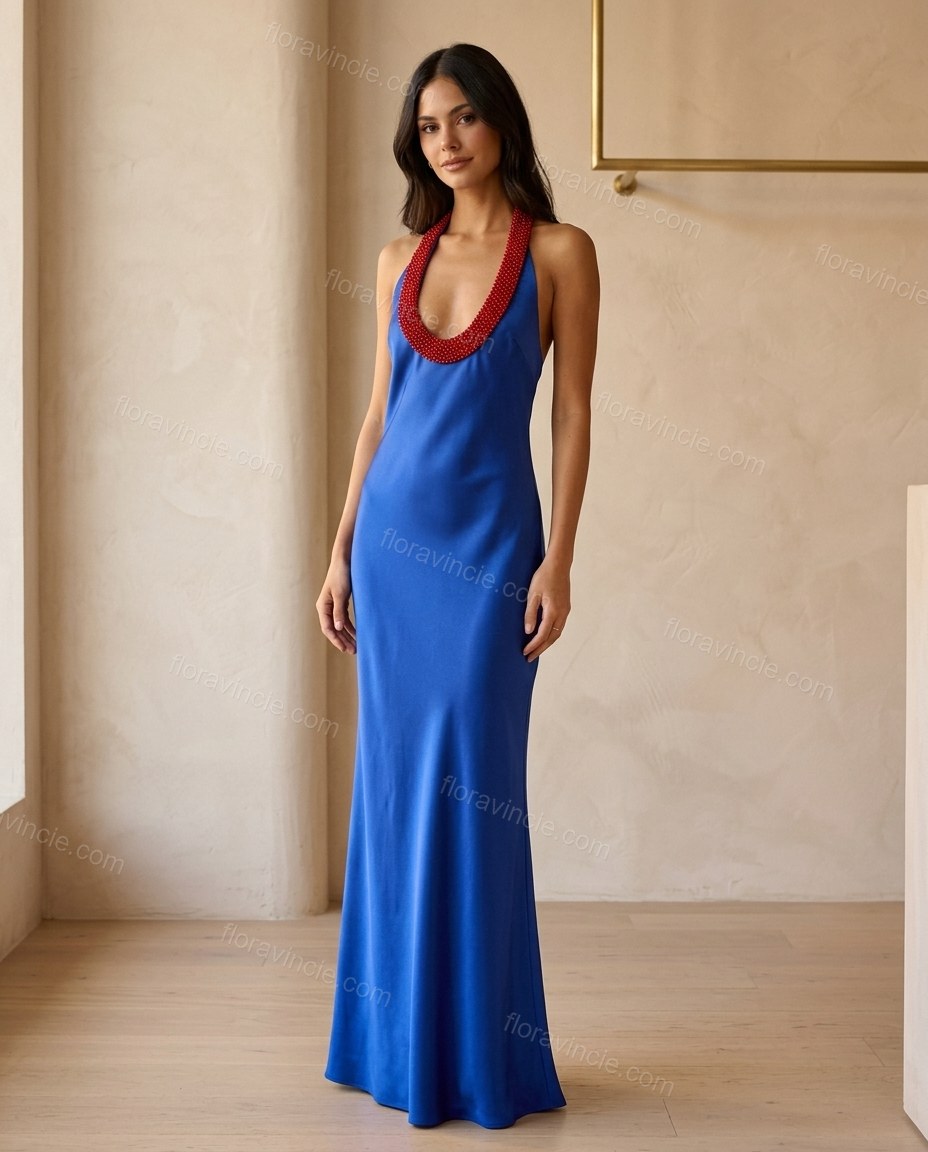 Blue Open-Back Halter Satin Dress, full-length hero view, by Floravincie