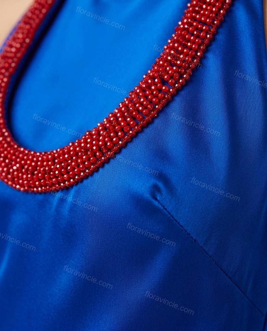 Blue Open-Back Halter Satin Dress, close-up of red accents, beaded neckline and open back, by Floravincie