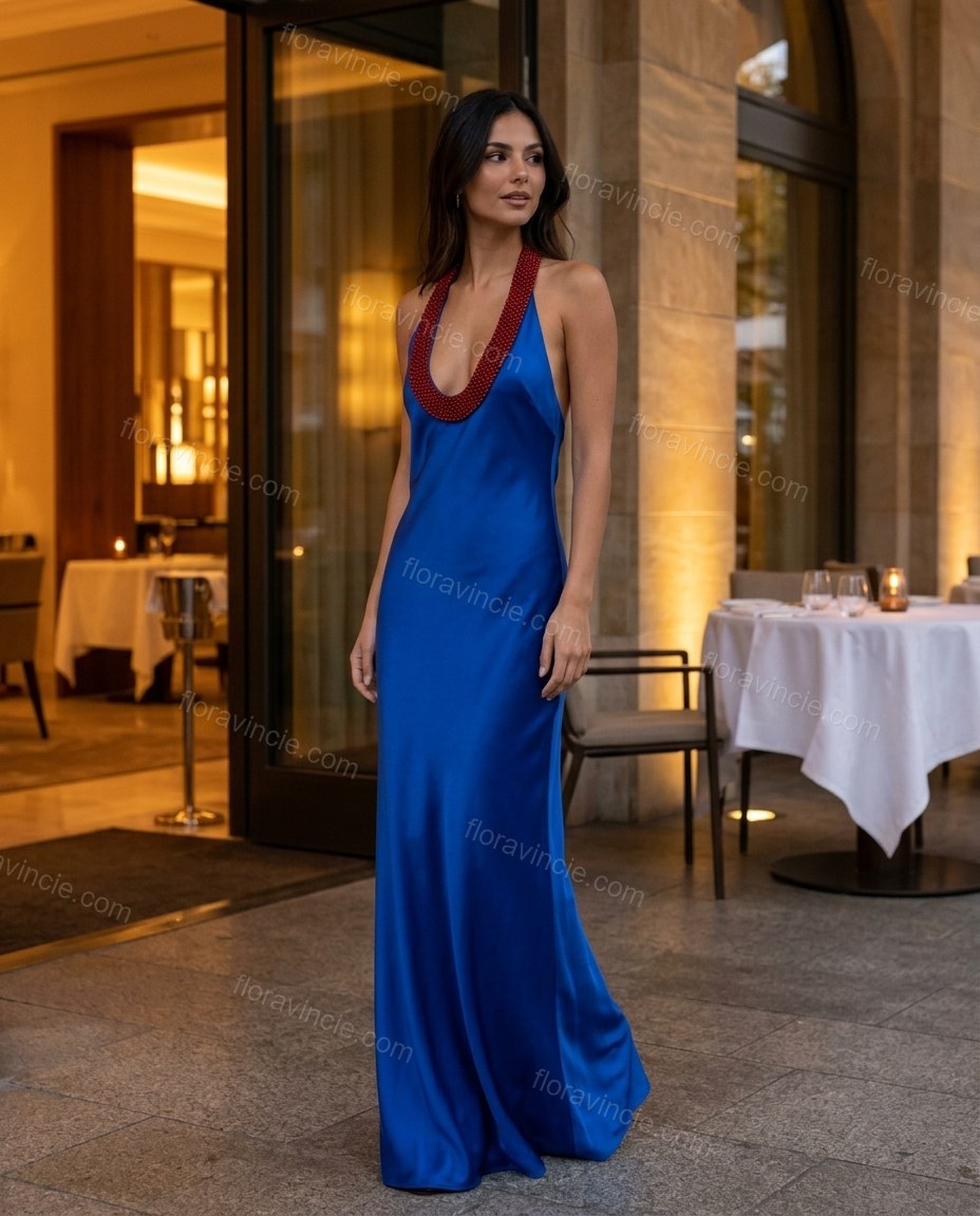 Blue Open-Back Halter Satin Dress, three-quarter brand lifestyle view, by Floravincie