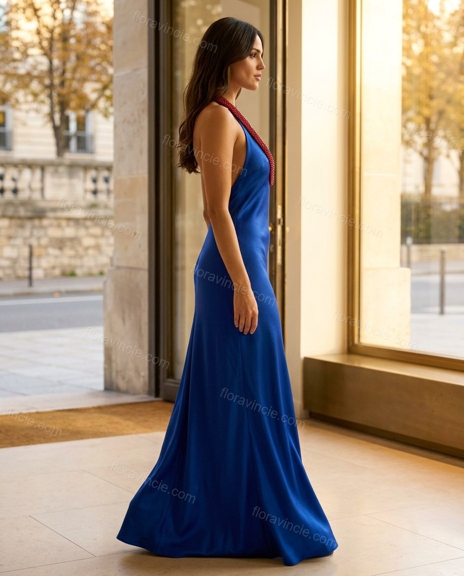 Blue Open-Back Halter Satin Dress, walking lifestyle view, by Floravincie