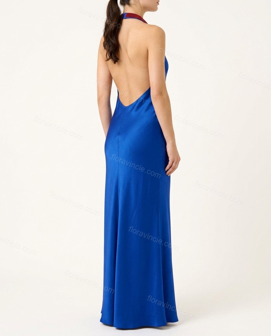 Blue Open-Back Halter Satin Dress, back studio view showing open back design with halter strap attachment, by Floravincie