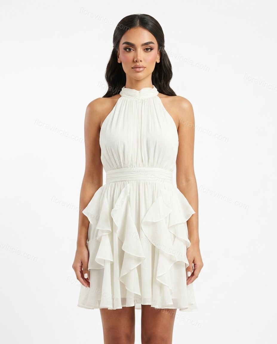 White Mini Halter Ruffled Dress, front studio view, by Floravincie