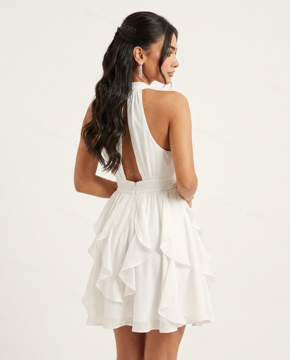 White Mini Halter Ruffled Dress, back studio view showing open back design with halter neck closure, by Floravincie