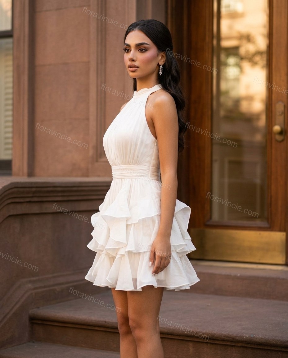 White Mini Halter Ruffled Dress, alternate use-case lifestyle view, by Floravincie