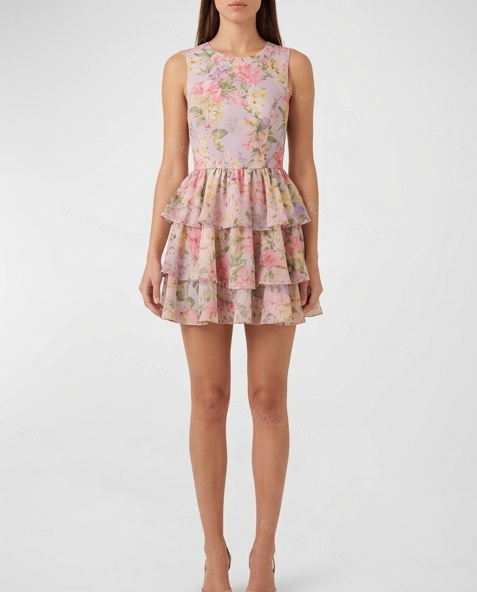 Lavender Floral Mini Ruffled Dress, front studio view, by Floravincie