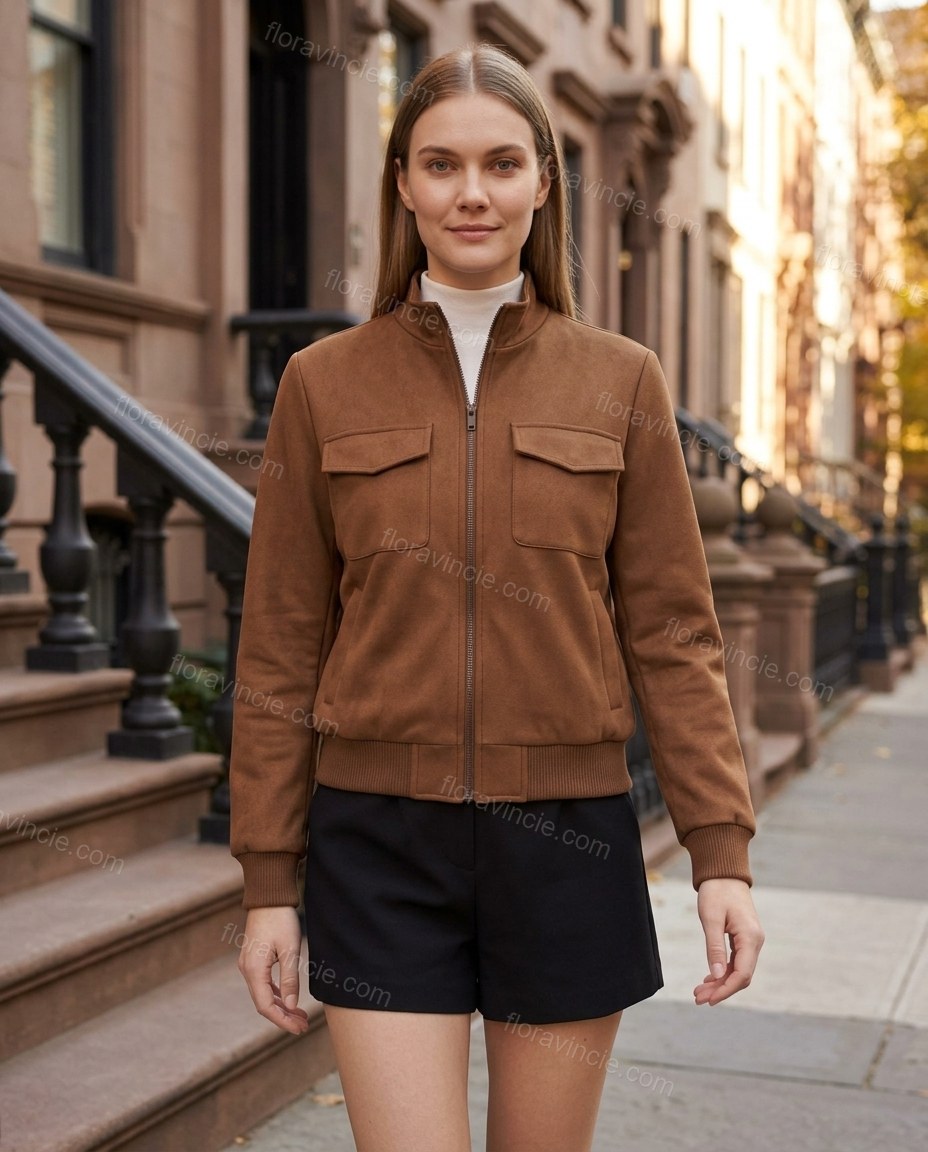 Brown Ribbed Jacket, three-quarter brand lifestyle view, by Floravincie