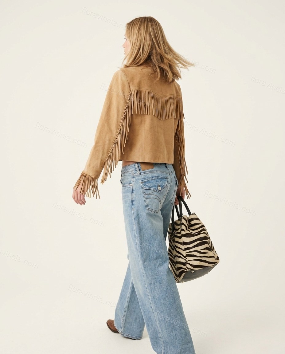 Tan Fringe Jacket, back studio view showing horizontal fringe trim across the upper back yoke area, by Floravincie