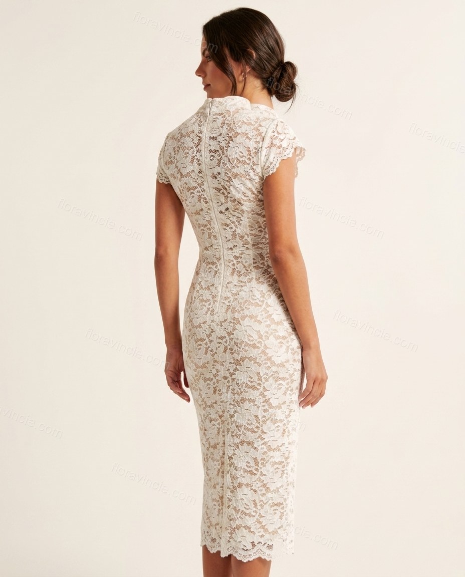 White Floral Midi Lace Dress, back studio view, by Floravincie