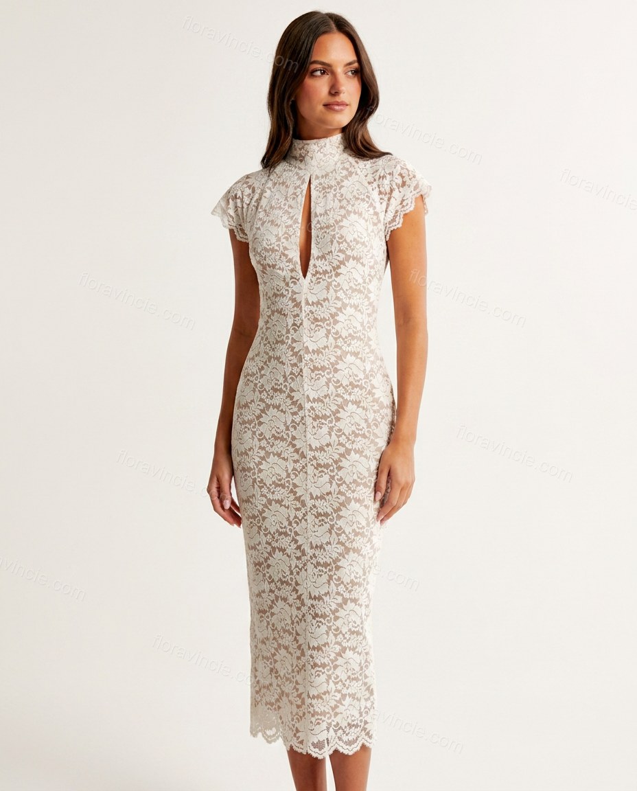 White Floral Midi Lace Dress, front studio view, by Floravincie