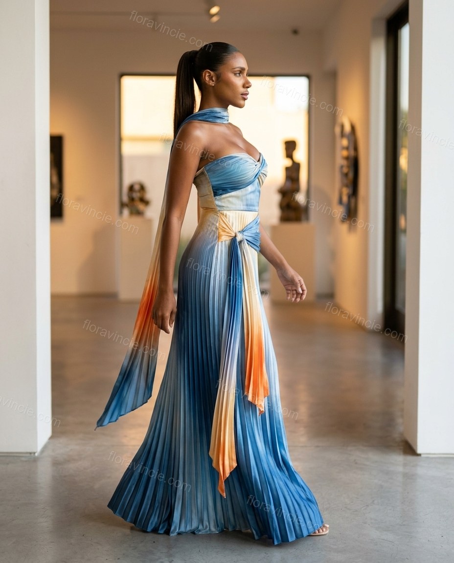 Blue Maxi Strapless Pleated Dress, movement and fit lifestyle view, by Floravincie