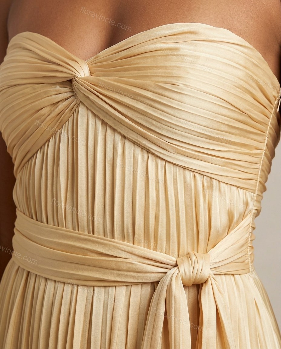 Blue Maxi Strapless Pleated Dress, close-up of yellow and orange accents, draped sash and side knot detail, by Floravincie