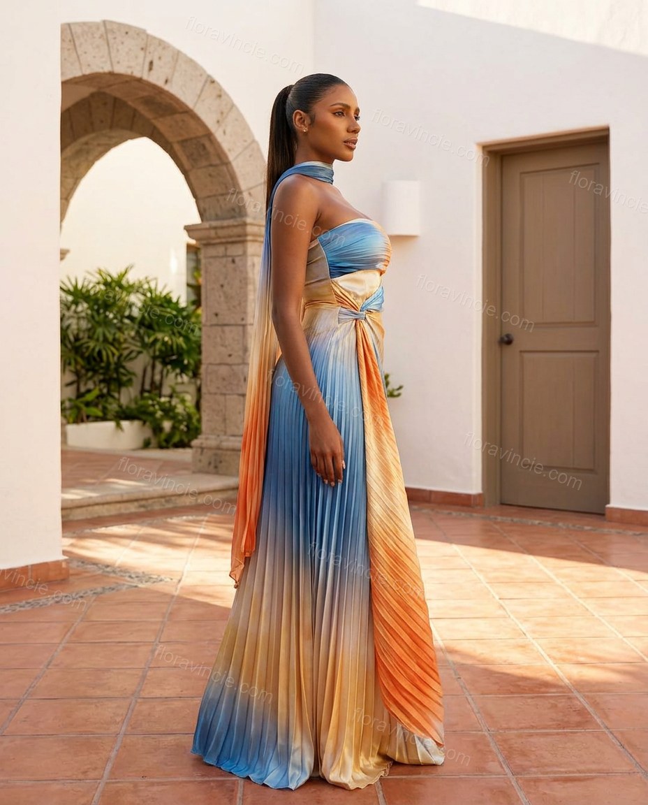 Blue Maxi Strapless Pleated Dress, three-quarter brand lifestyle view, by Floravincie