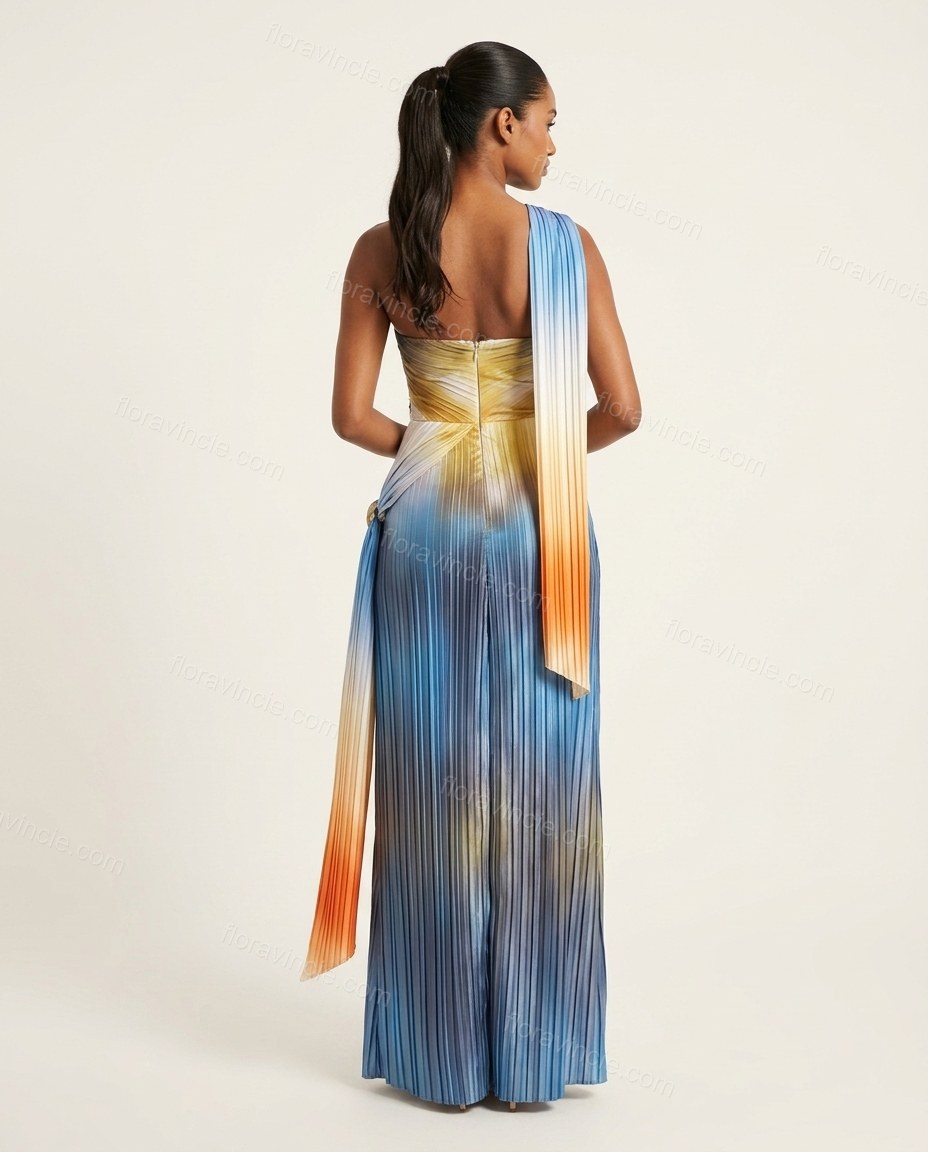 Blue Maxi Strapless Pleated Dress, back studio view showing clean back with central zipper and visible pleat texture, by Floravincie