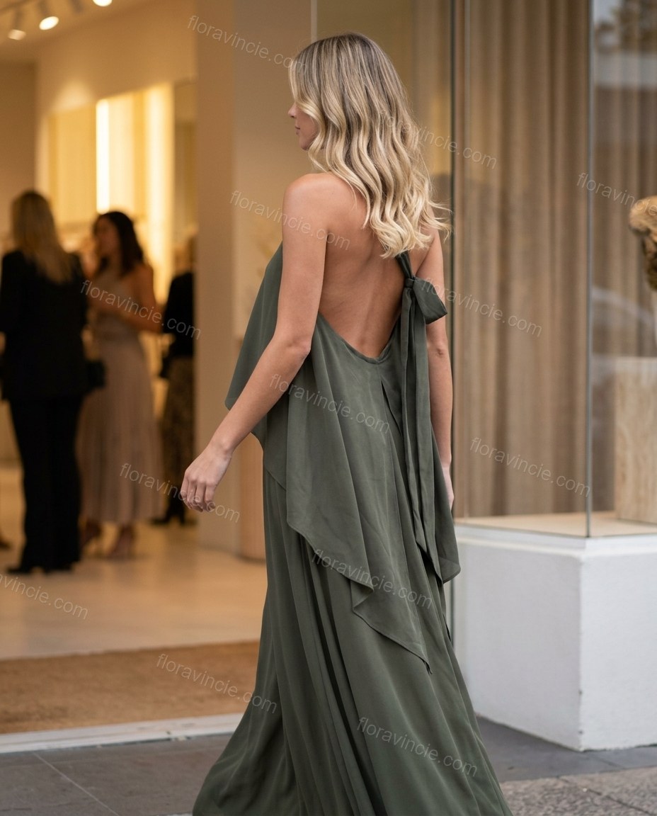 Olive Green Maxi Open-Back Halter Dress, alternate use-case lifestyle view, by Floravincie