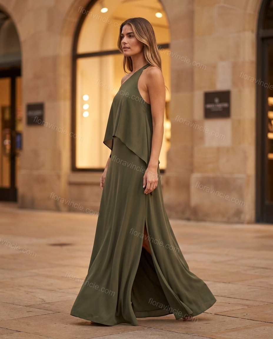 Olive Green Maxi Open-Back Halter Dress, walking lifestyle view, by Floravincie