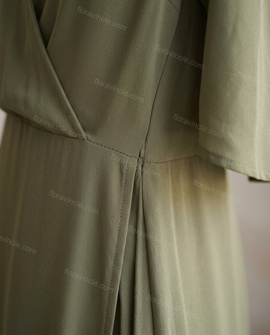 Olive Green Maxi Open-Back Halter Dress, close-up of overlay bodice, side slit and halter neckline, by Floravincie