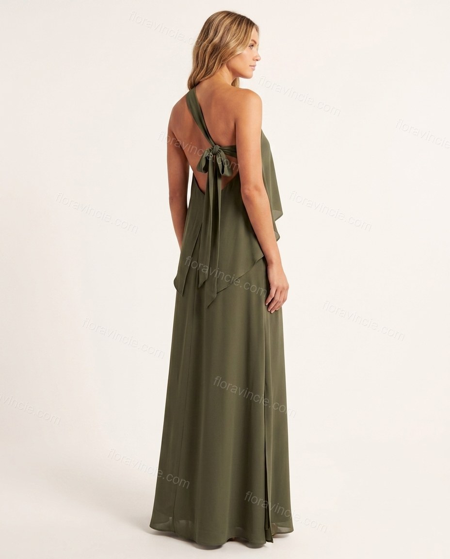 Olive Green Maxi Open-Back Halter Dress, back studio view showing open back with a large fabric tie closure at the upper back, by Floravincie