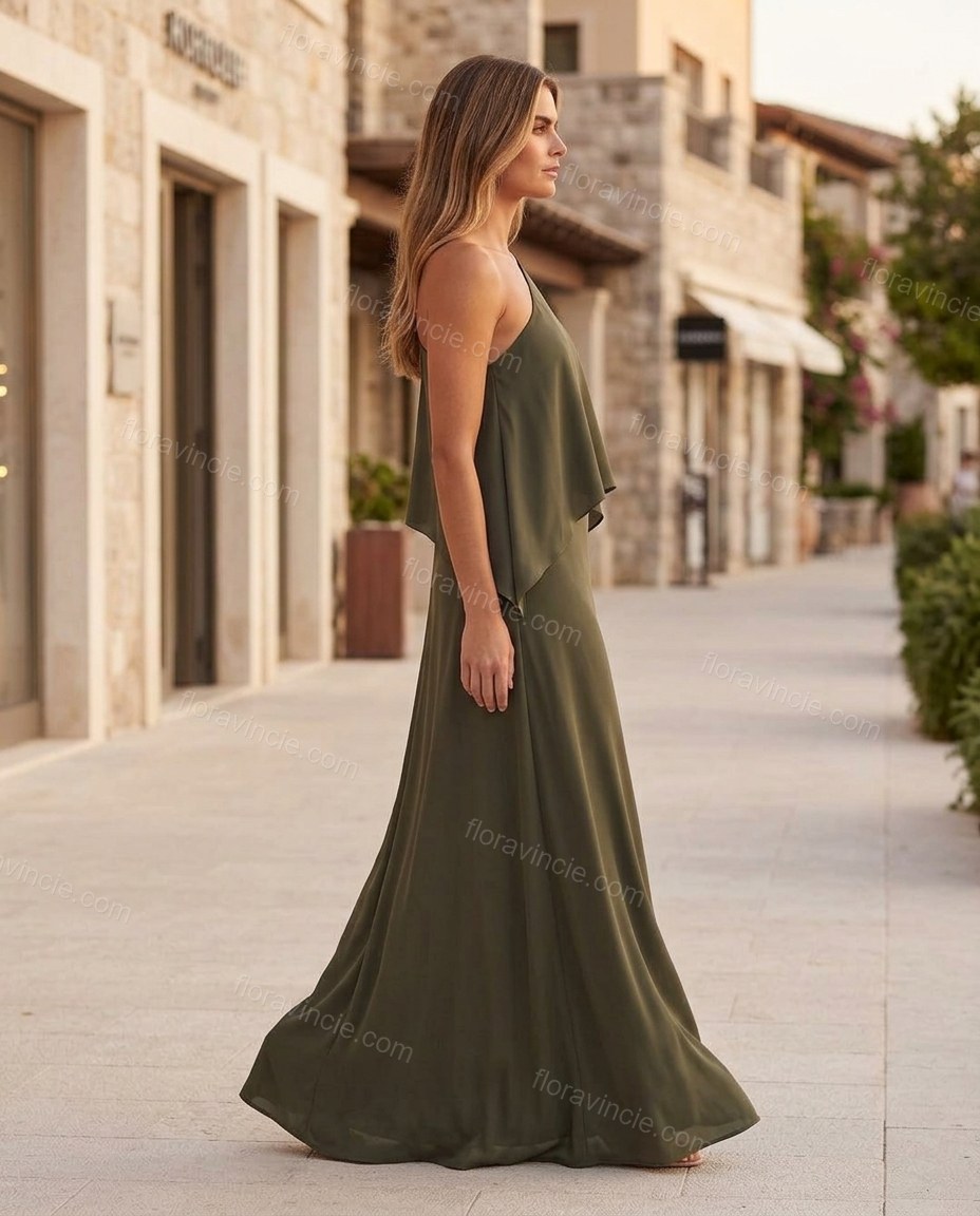 Olive Green Maxi Open-Back Halter Dress, movement and fit lifestyle view, by Floravincie