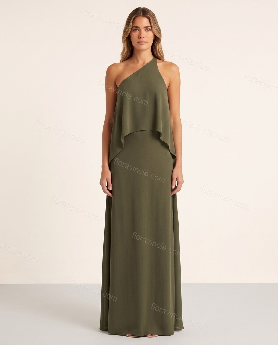 Olive Green Maxi Open-Back Halter Dress, front studio view, by Floravincie