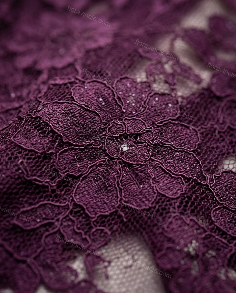 Purple Floral Lace Jumpsuit, close-up of floral and scalloped hem, by Floravincie