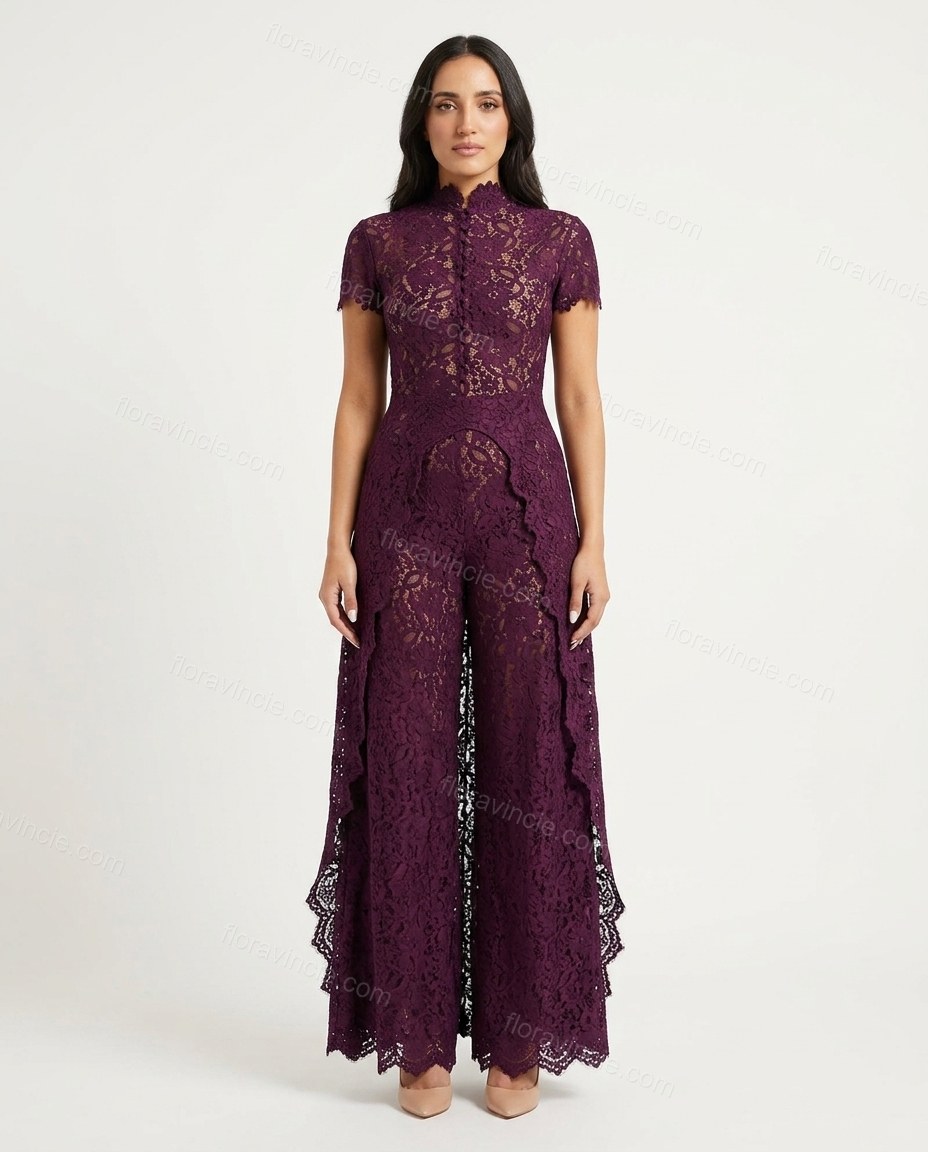 Purple Floral Lace Jumpsuit, front studio view, by Floravincie