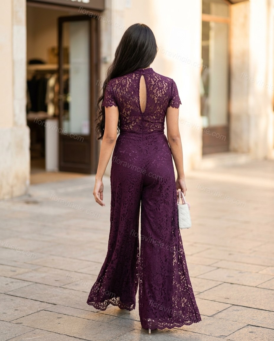 Purple Floral Lace Jumpsuit, movement and fit lifestyle view, by Floravincie