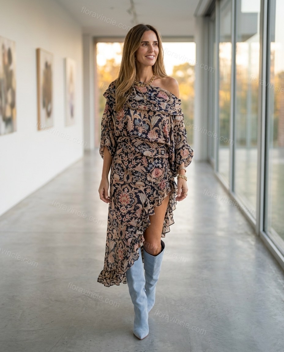 Black Floral Midi Off-Shoulder Dress, alternate use-case lifestyle view, by Floravincie