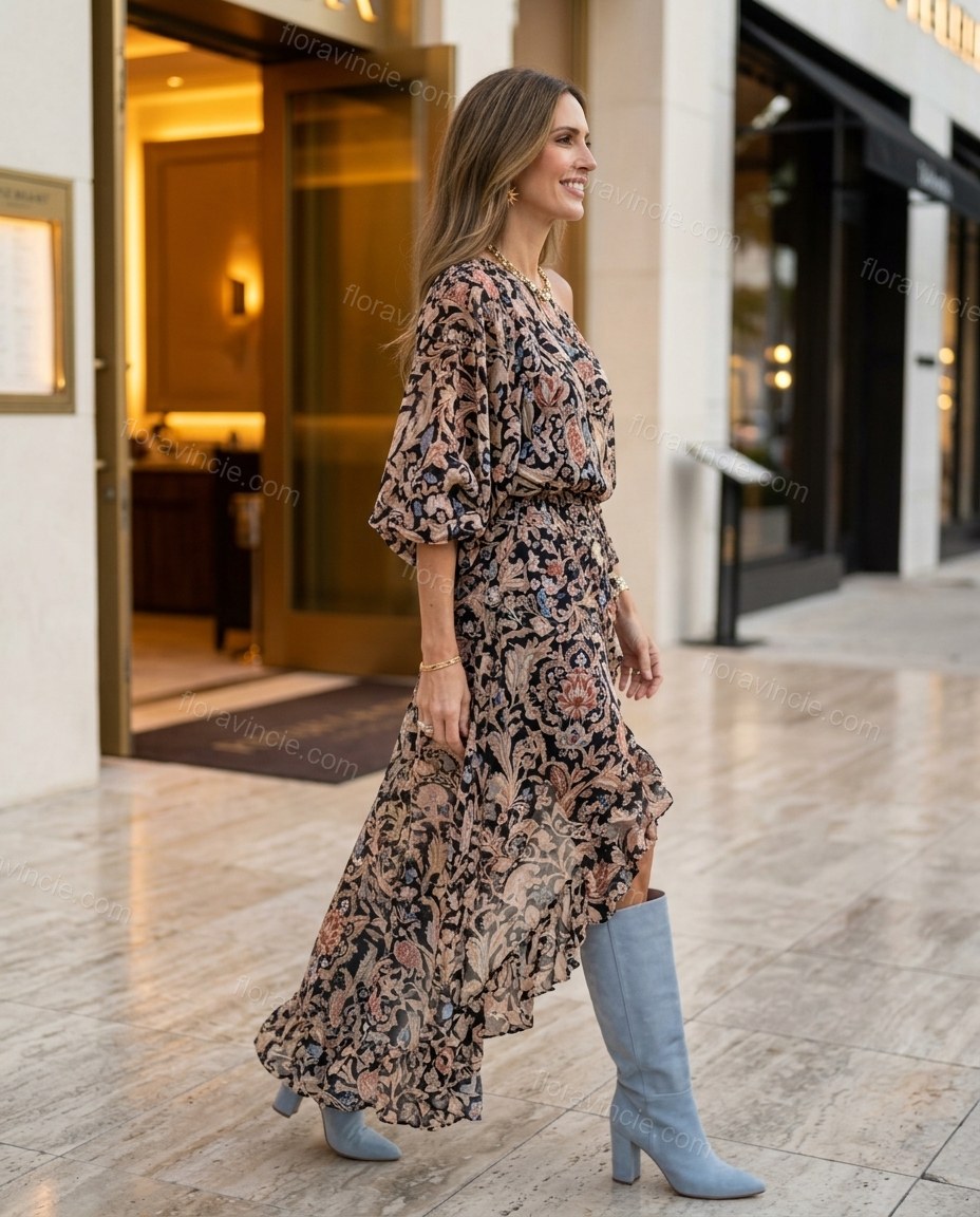 Black Floral Midi Off-Shoulder Dress, walking lifestyle view, by Floravincie