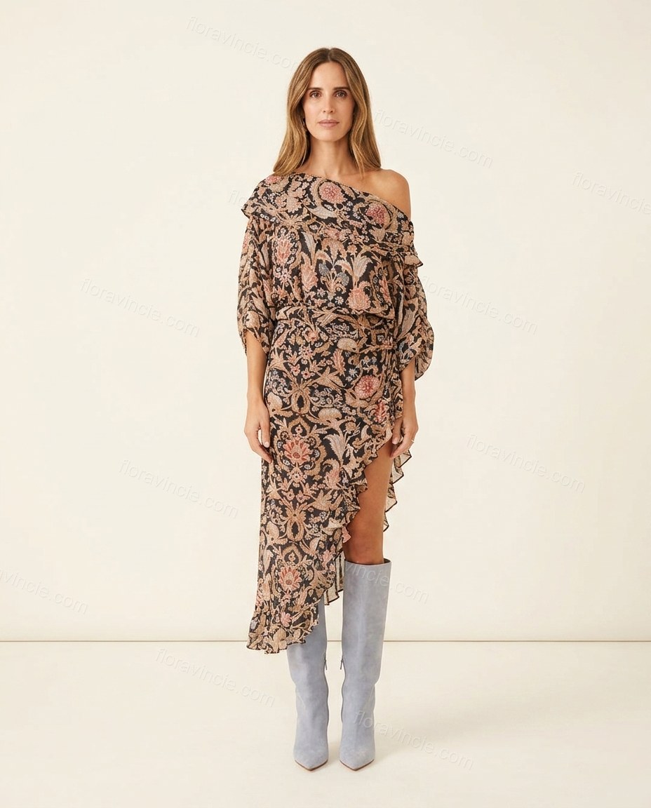 Black Floral Midi Off-Shoulder Dress, front studio view, by Floravincie