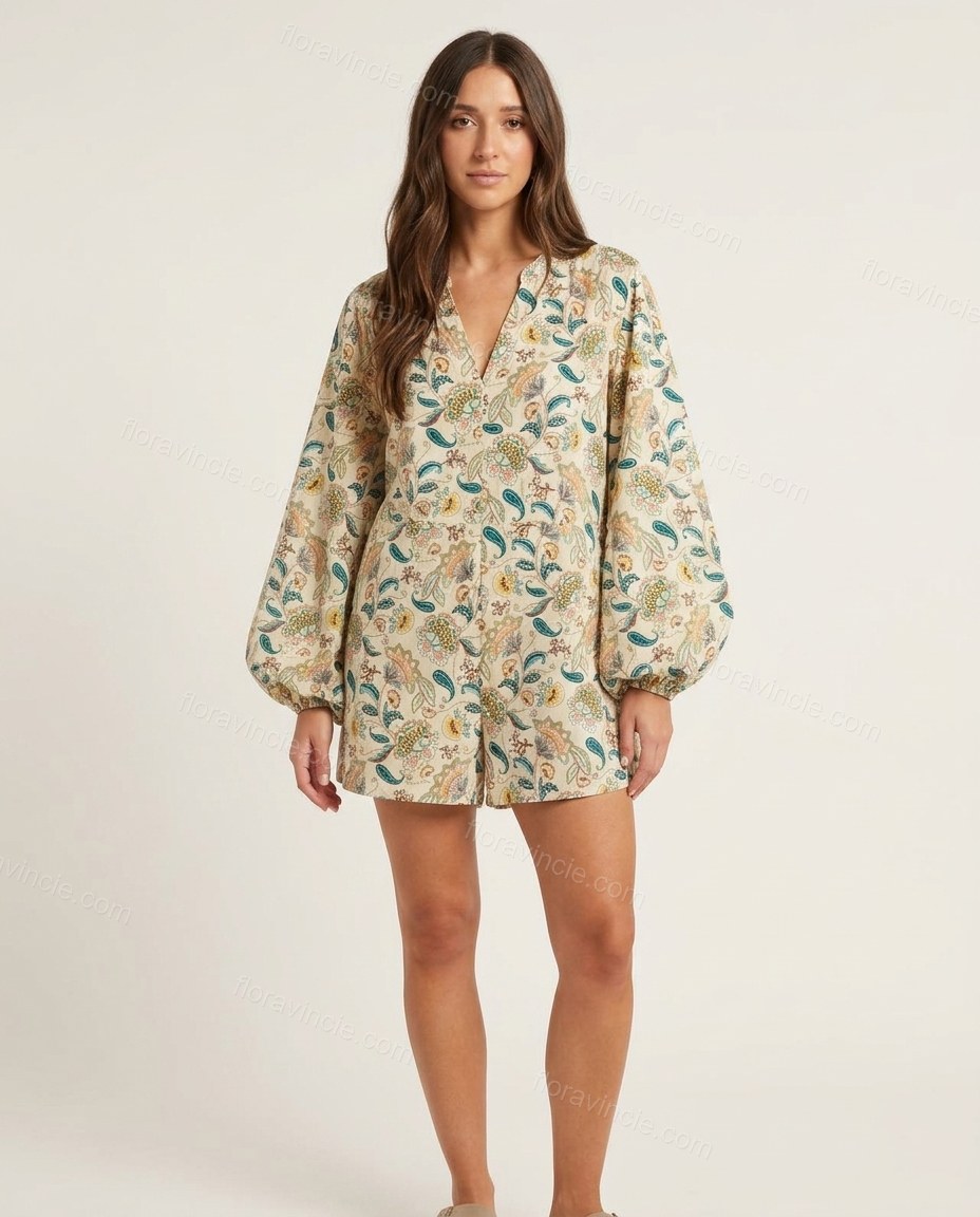 Cream Floral Jumpsuit, front studio view, by Floravincie