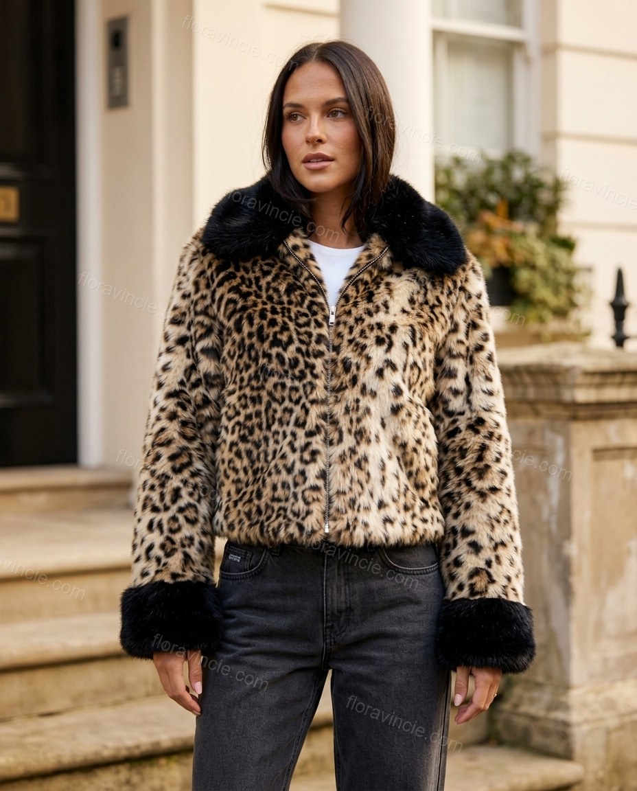 Brown Leopard Print Faux-Fur Jacket, three-quarter brand lifestyle view, by Floravincie