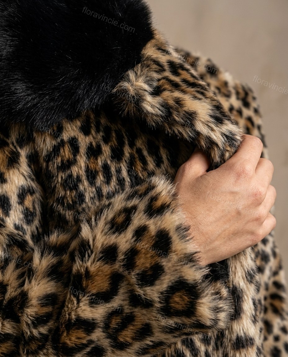 Brown Leopard Print Faux-Fur Jacket, close-up of leopard print, by Floravincie